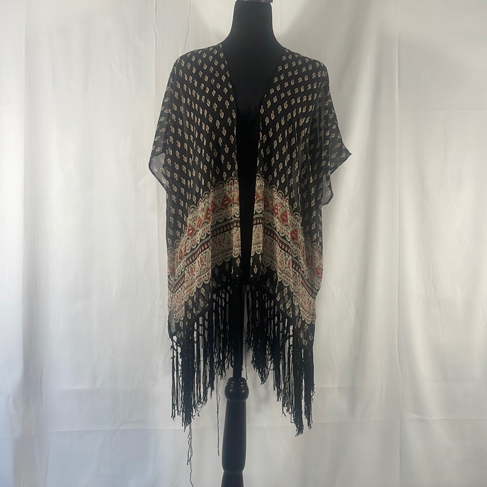Maurice’s boho,multi colored fringe kimono,Shrug,sheer,Small/ Medium